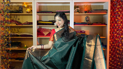 Dark Green Pure Kanchipuram Silk Saree with Copper Zari Work