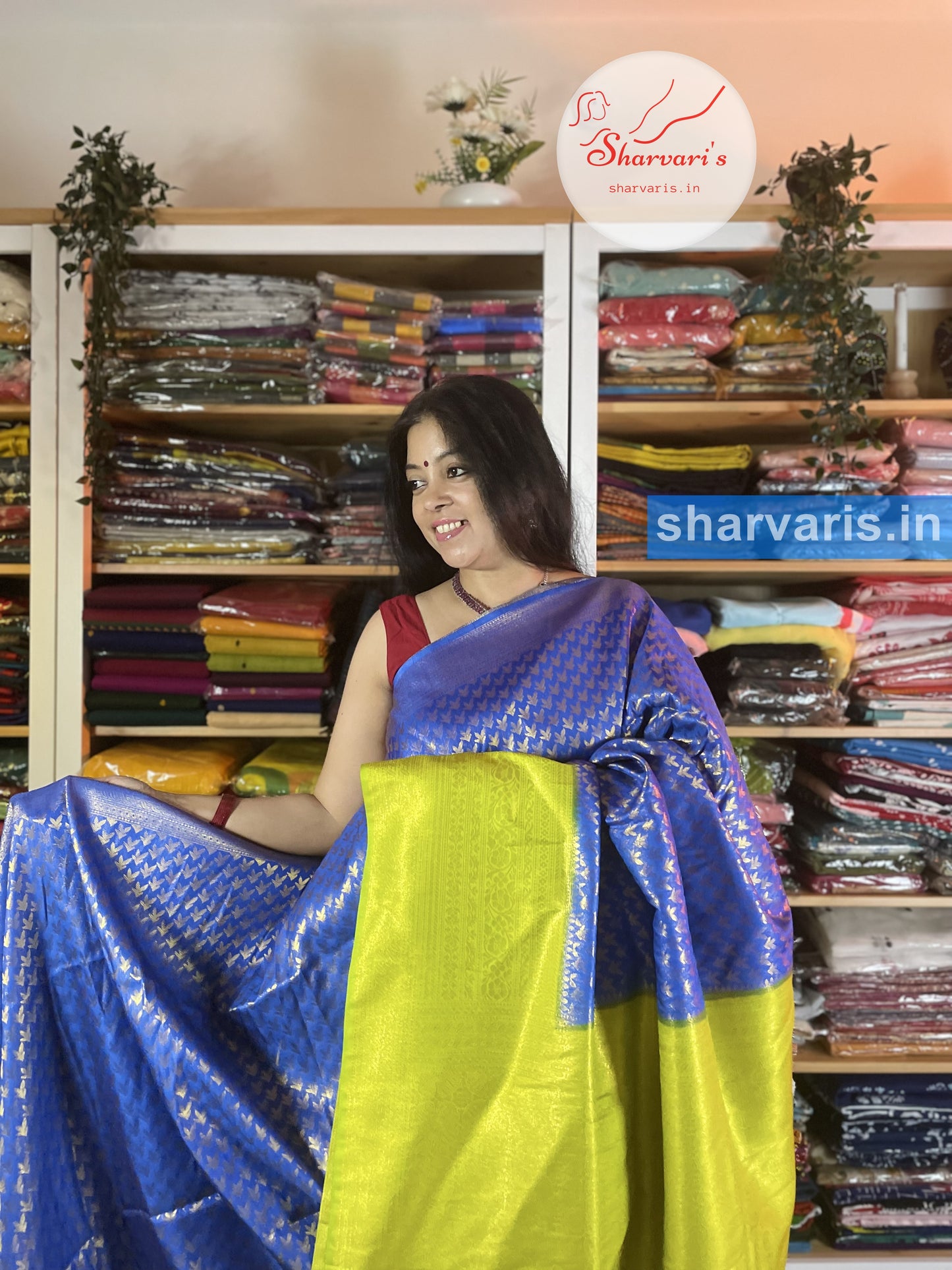 Blue and Bright Green Kubera Pattu/Semi Silk Saree