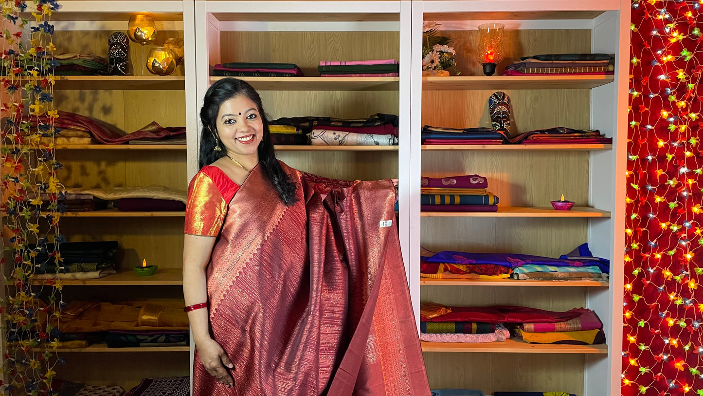 Maroon Pure Kanchipuram Silk Saree with Copper Zari Work