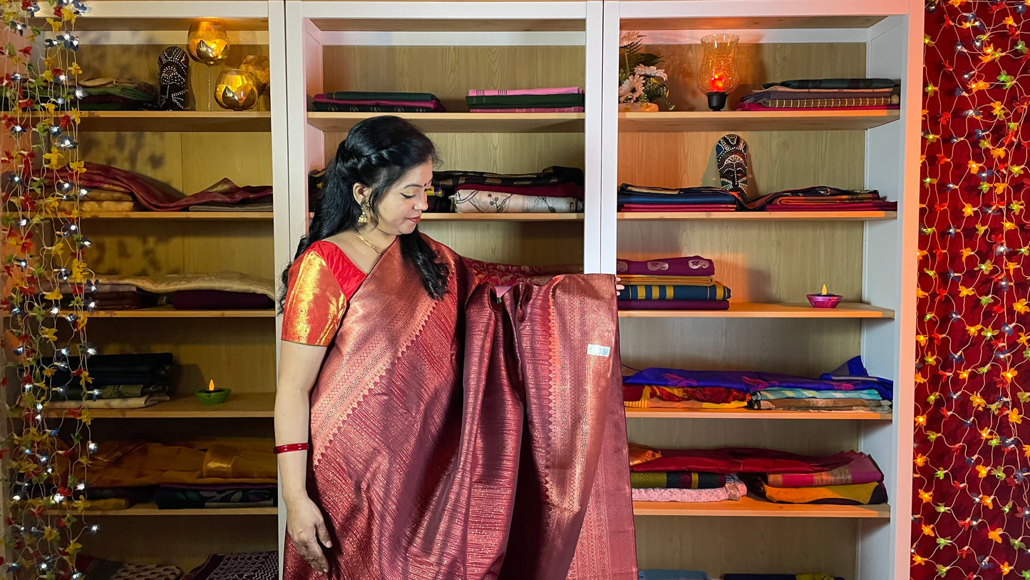 Maroon Pure Kanchipuram Silk Saree with Copper Zari Work