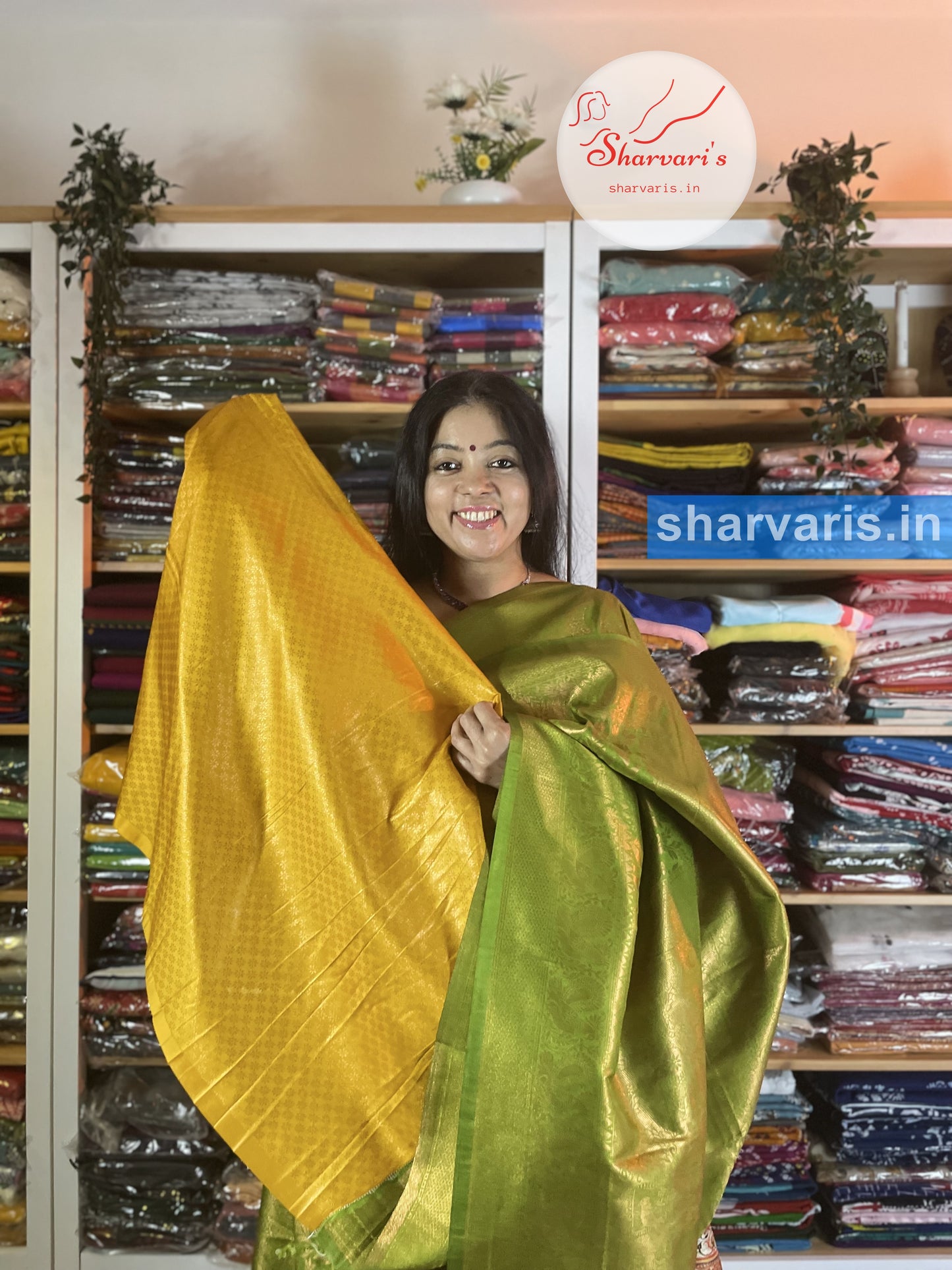 Parrot Green and Turmeric Yellow Kubera Pattu/ Semi Silk Saree