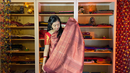 Maroon Pure Kanchipuram Silk Saree with Copper Zari Work