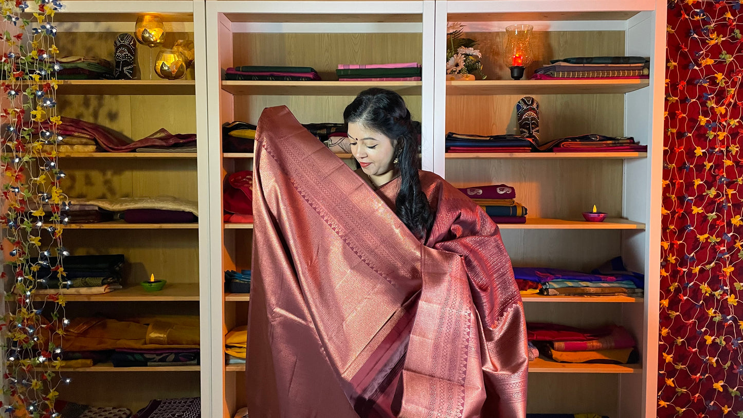 Maroon Pure Kanchipuram Silk Saree with Copper Zari Work