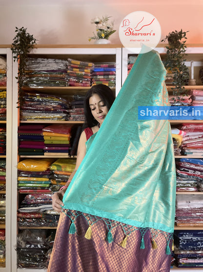 Teal Blue and Dark Purple Kubera Pattu/Semi Silk Saree