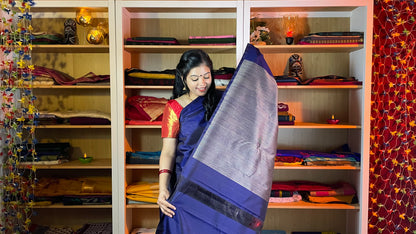 Midnight Blue and Antique Gold Kanchipuram  Silk