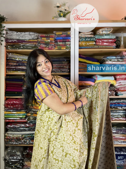 Mehendi Green and White Kalamkari Cotton Saree