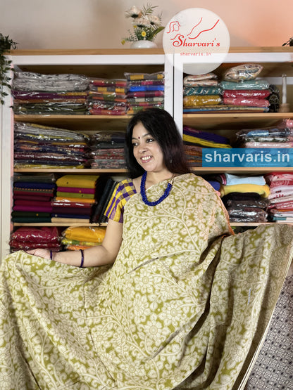 Mehendi Green and White Kalamkari Cotton Saree