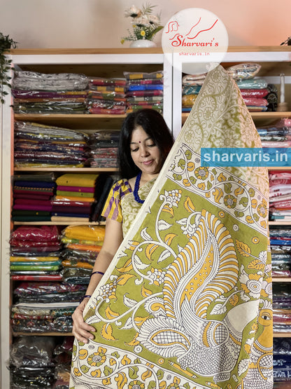 Mehendi Green and White Kalamkari Cotton Saree