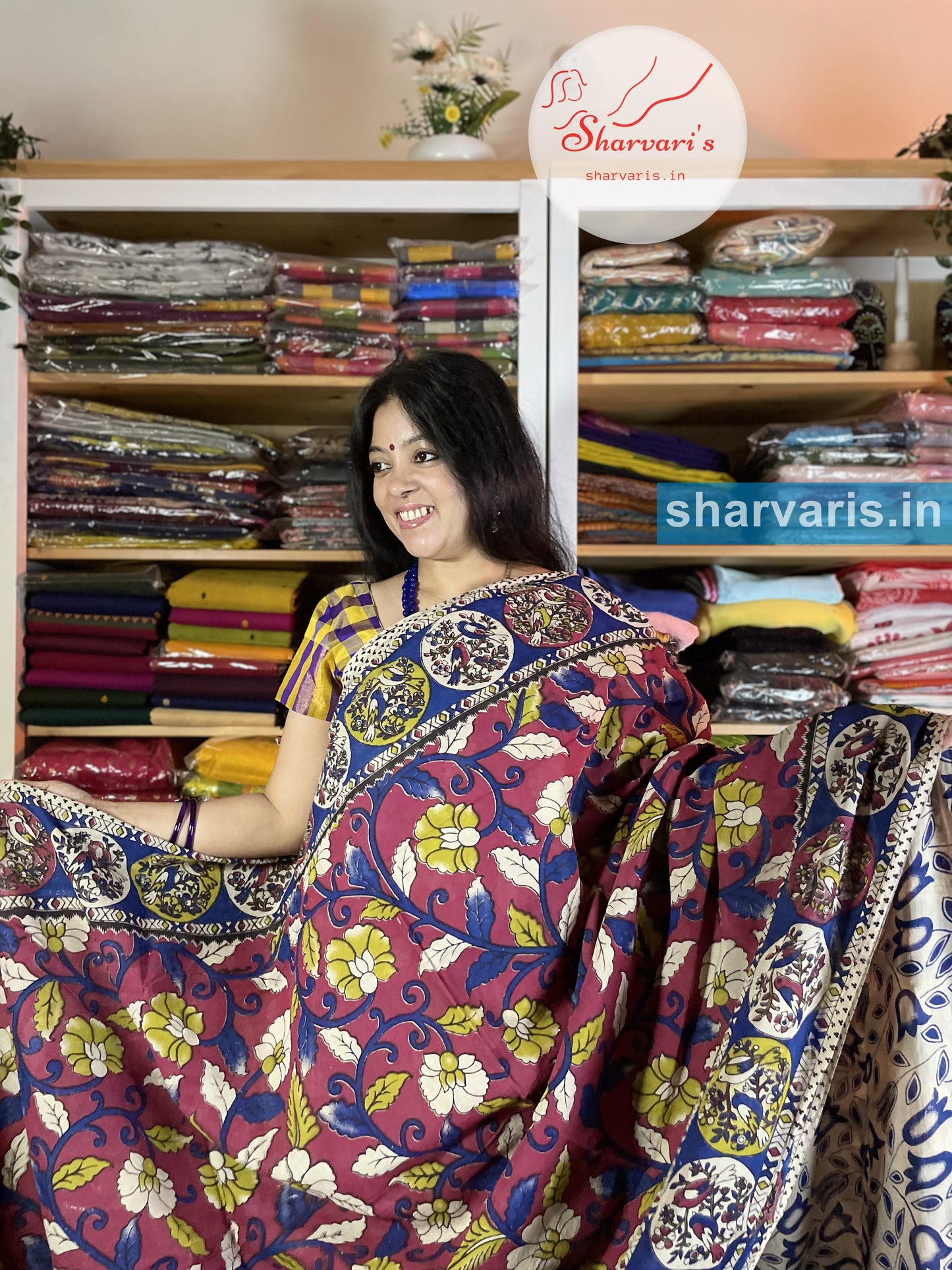 Deep Magenta and Blue Kalamkari Cotton Saree