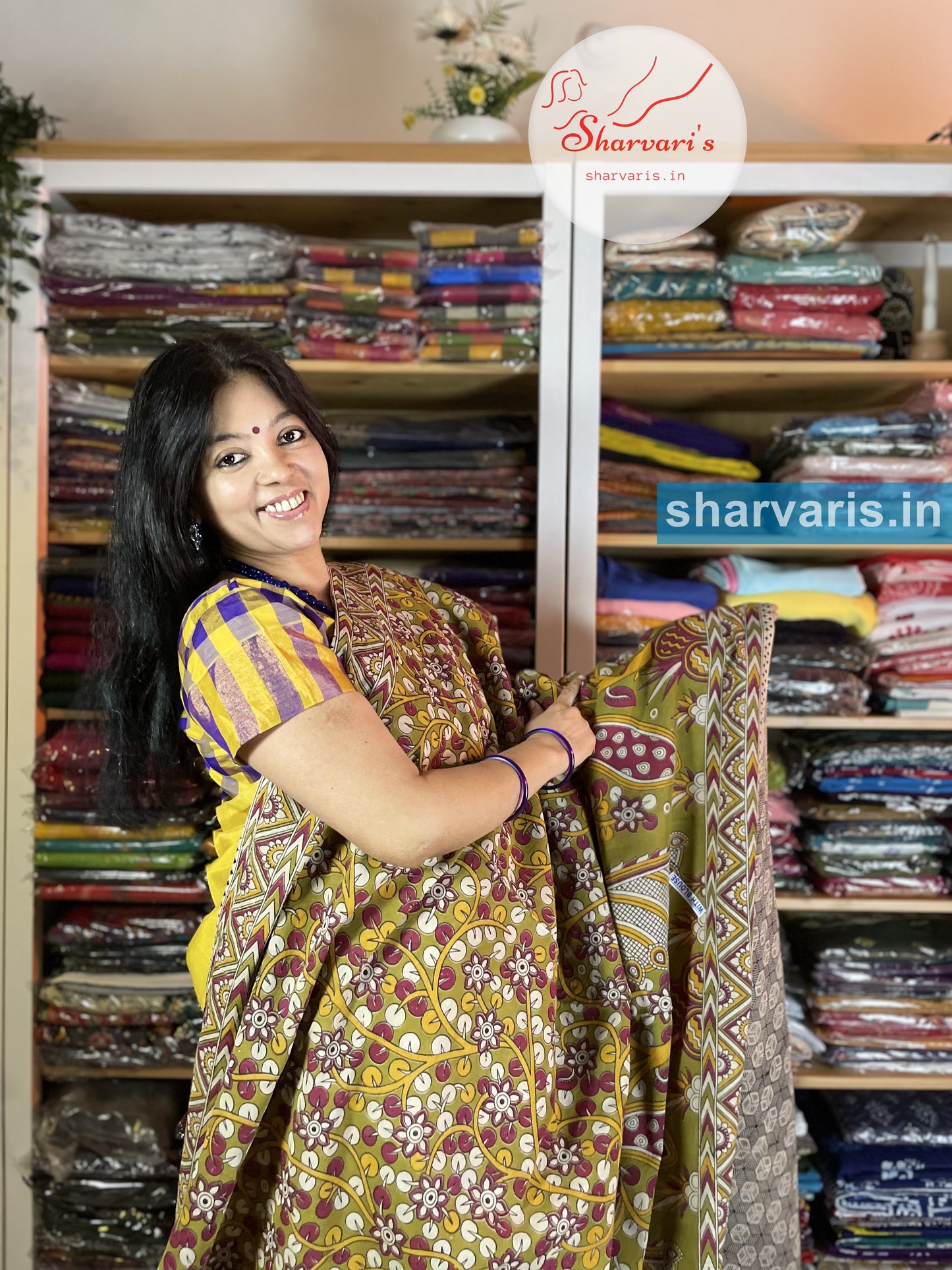 Mehendi Green and Magenta Kalamkari Cotton Saree