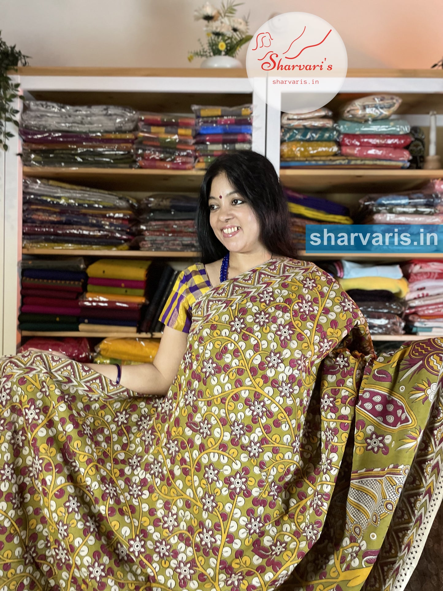 Mehendi Green and Magenta Kalamkari Cotton Saree