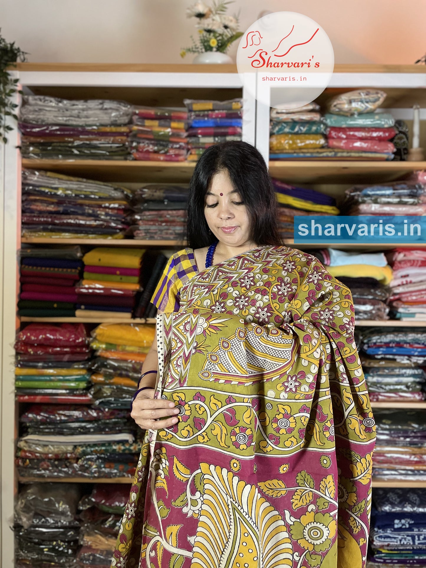 Mehendi Green and Magenta Kalamkari Cotton Saree