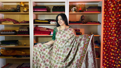 Off White Kalamkari Cotton Daily Wear Saree with Floral Motifs