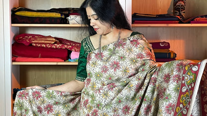 Off White Kalamkari Cotton Daily Wear Saree with Floral Motifs