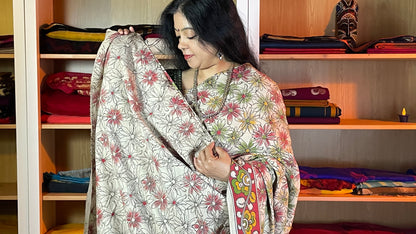 Off White Kalamkari Cotton Daily Wear Saree with Floral Motifs