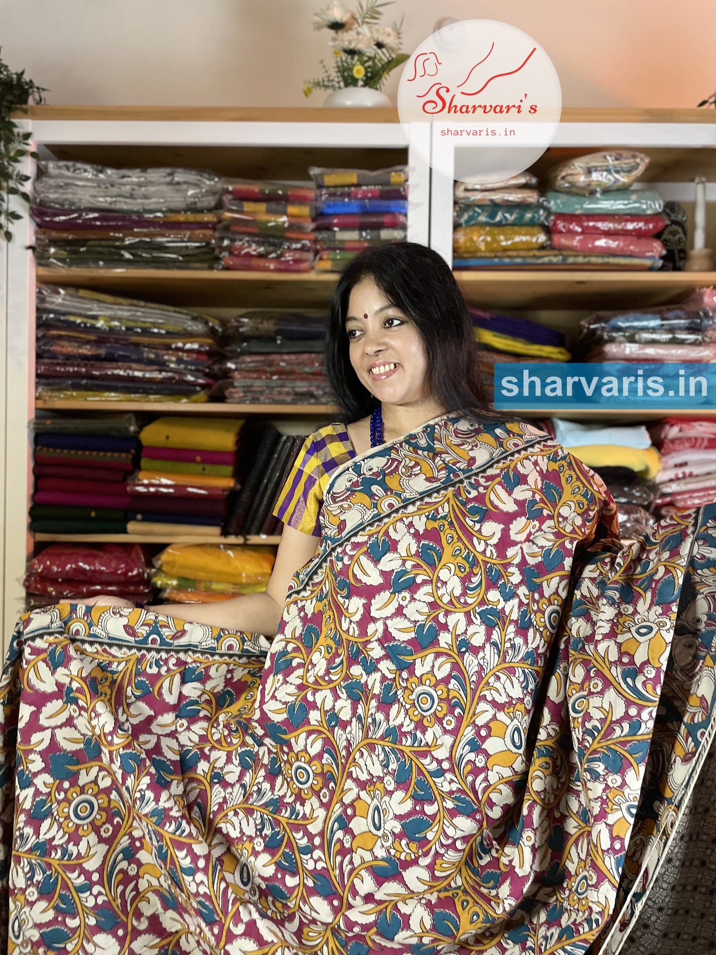 Magenta and Peacock Blue Kalamkari Cotton Saree