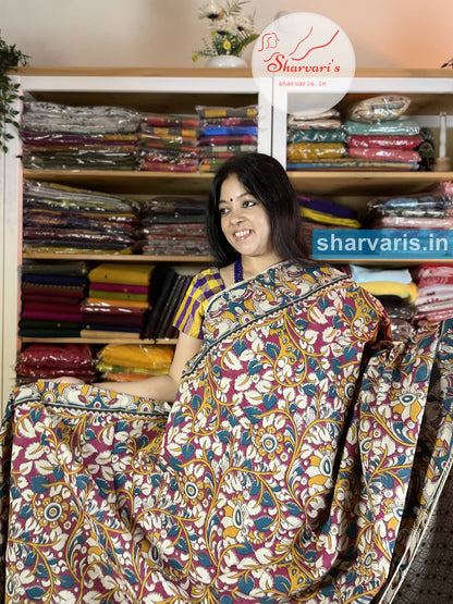 Magenta and Peacock Blue Kalamkari Cotton Saree