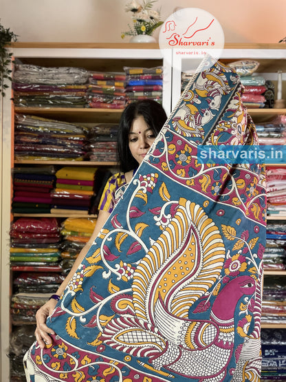 Magenta and Peacock Blue Kalamkari Cotton Saree