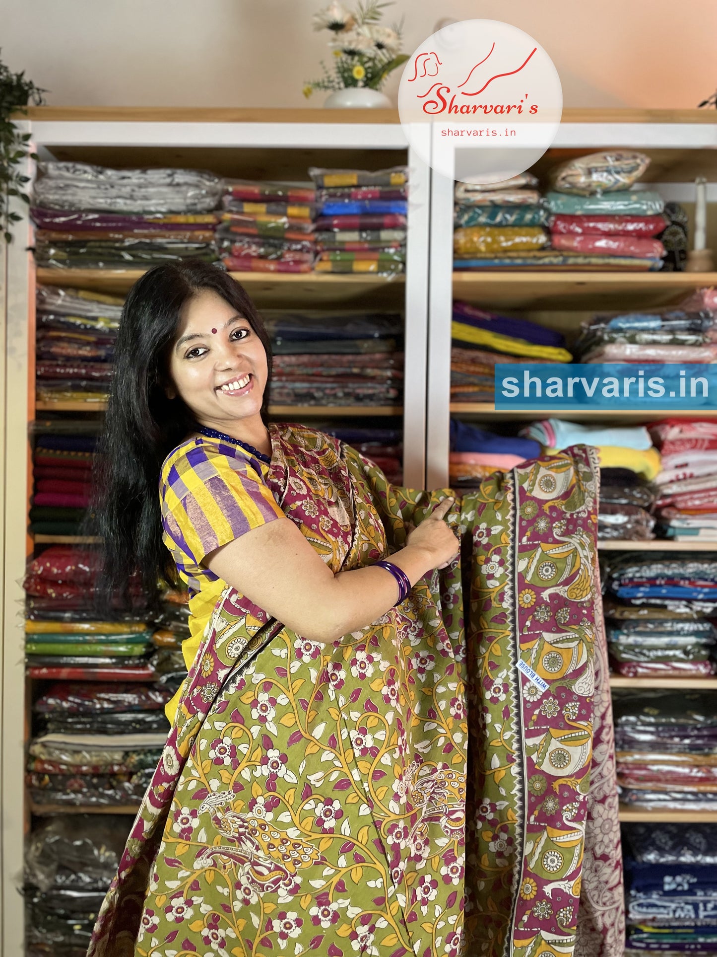 Mehendi Green and Magenta Kalamkari Cotton Saree