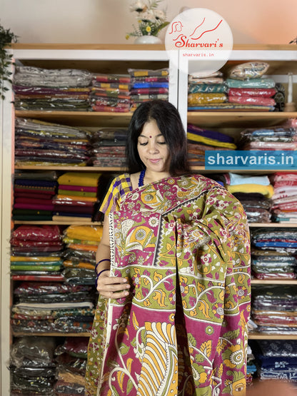 Mehendi Green and Magenta Kalamkari Cotton Saree