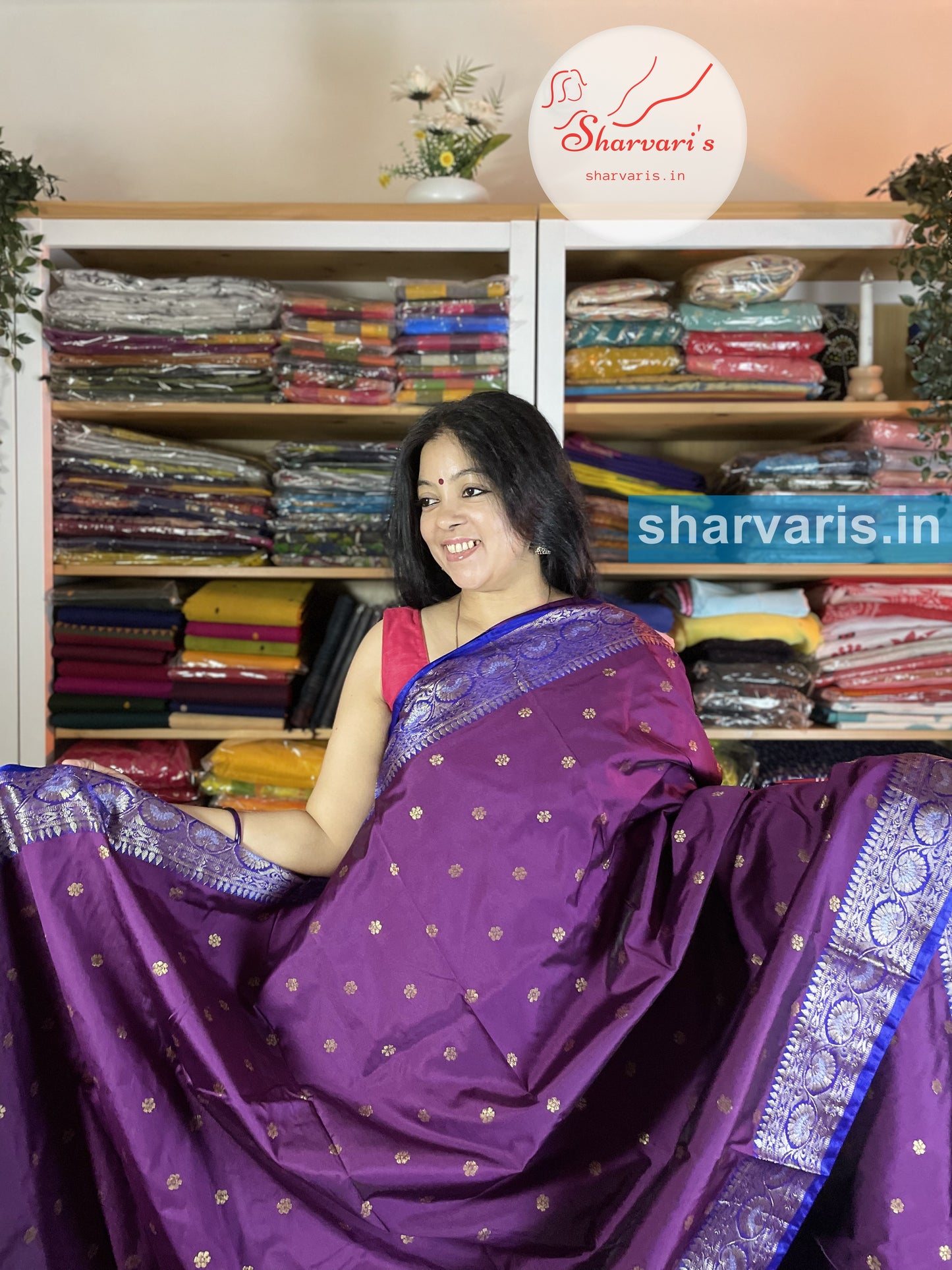 Dark Purple and Blue Lichi Silk/Semi Silk Saree