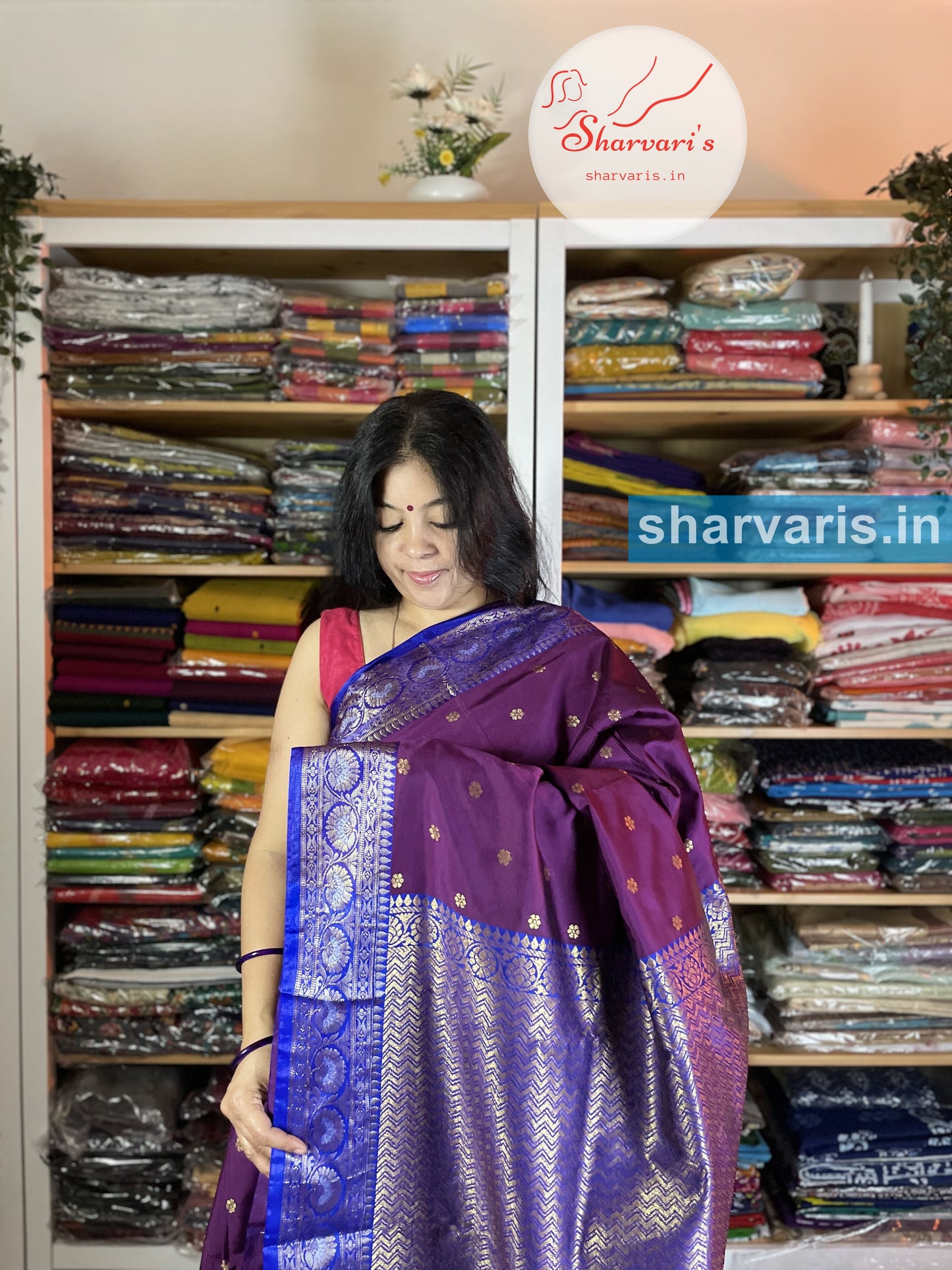 Dark Purple and Blue Lichi Silk/Semi Silk Saree