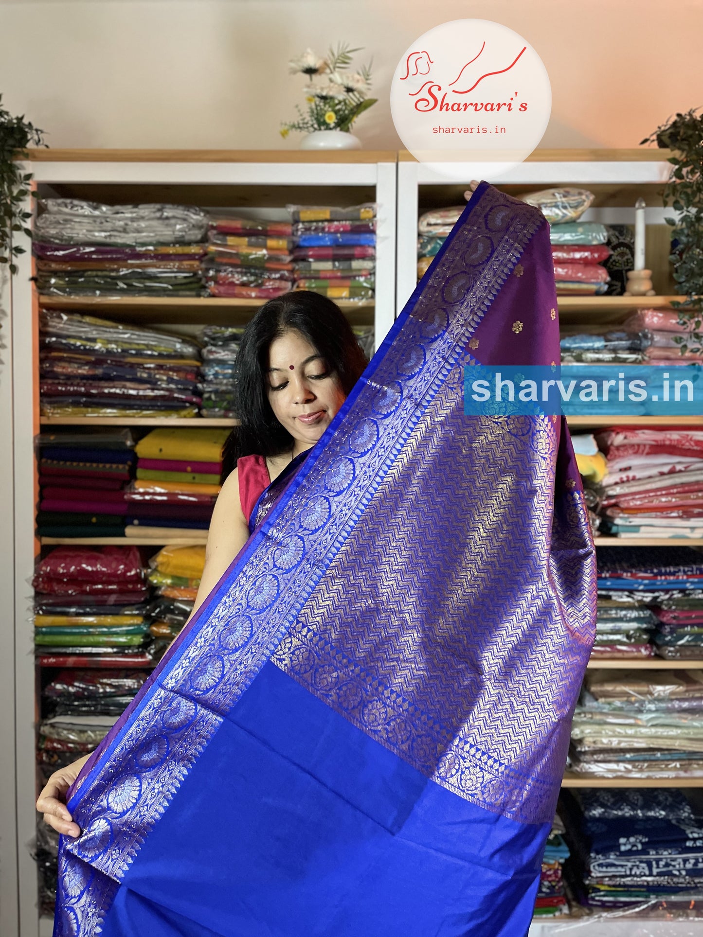 Dark Purple and Blue Lichi Silk/Semi Silk Saree