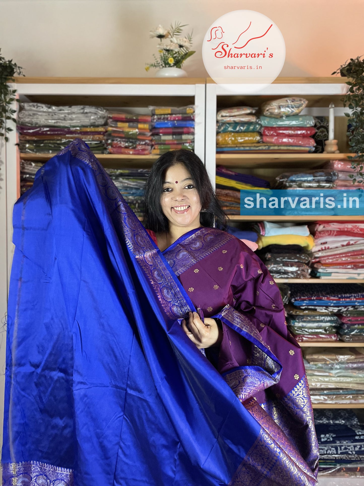 Dark Purple and Blue Lichi Silk/Semi Silk Saree