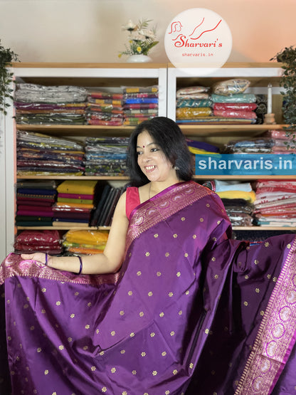 Dark Purple and Fuchsia Pink Lichi Silk/Semi Silk Saree