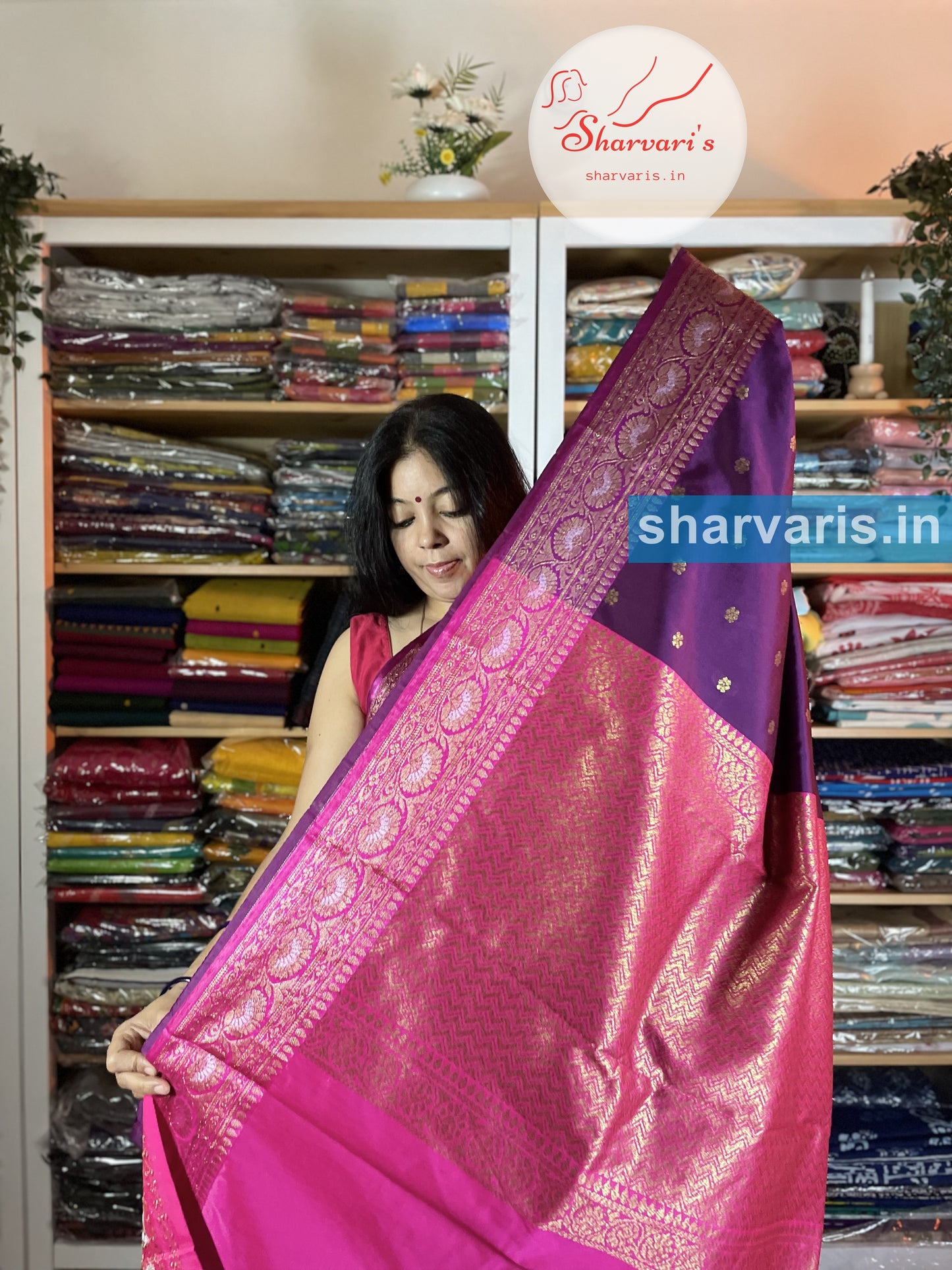 Dark Purple and Fuchsia Pink Lichi Silk/Semi Silk Saree