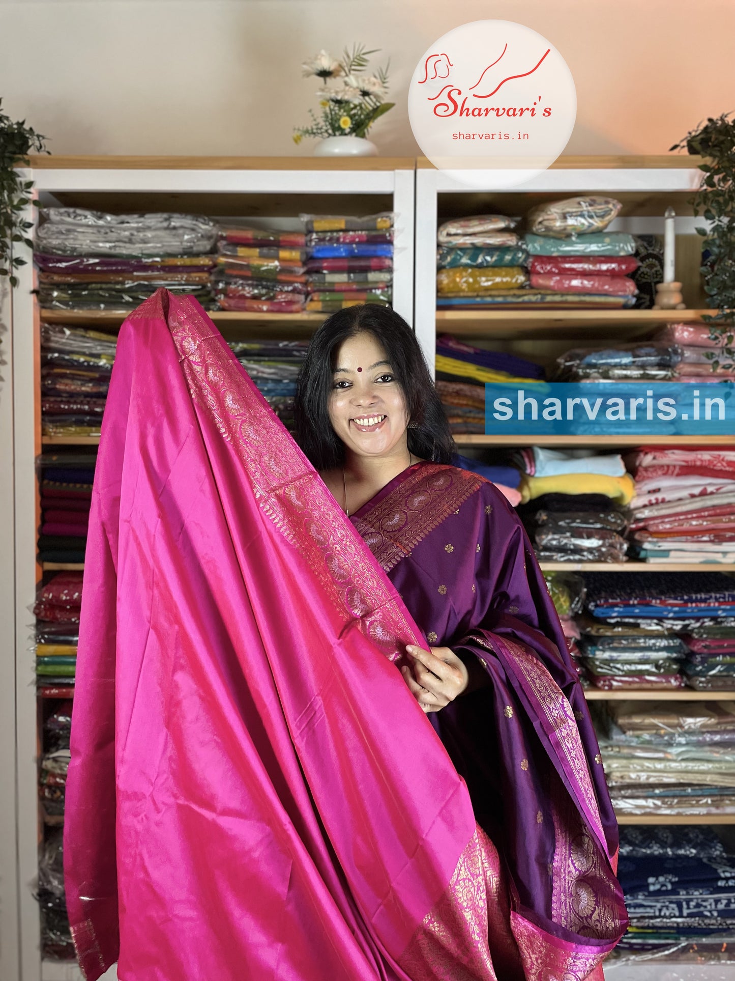 Dark Purple and Fuchsia Pink Lichi Silk/Semi Silk Saree