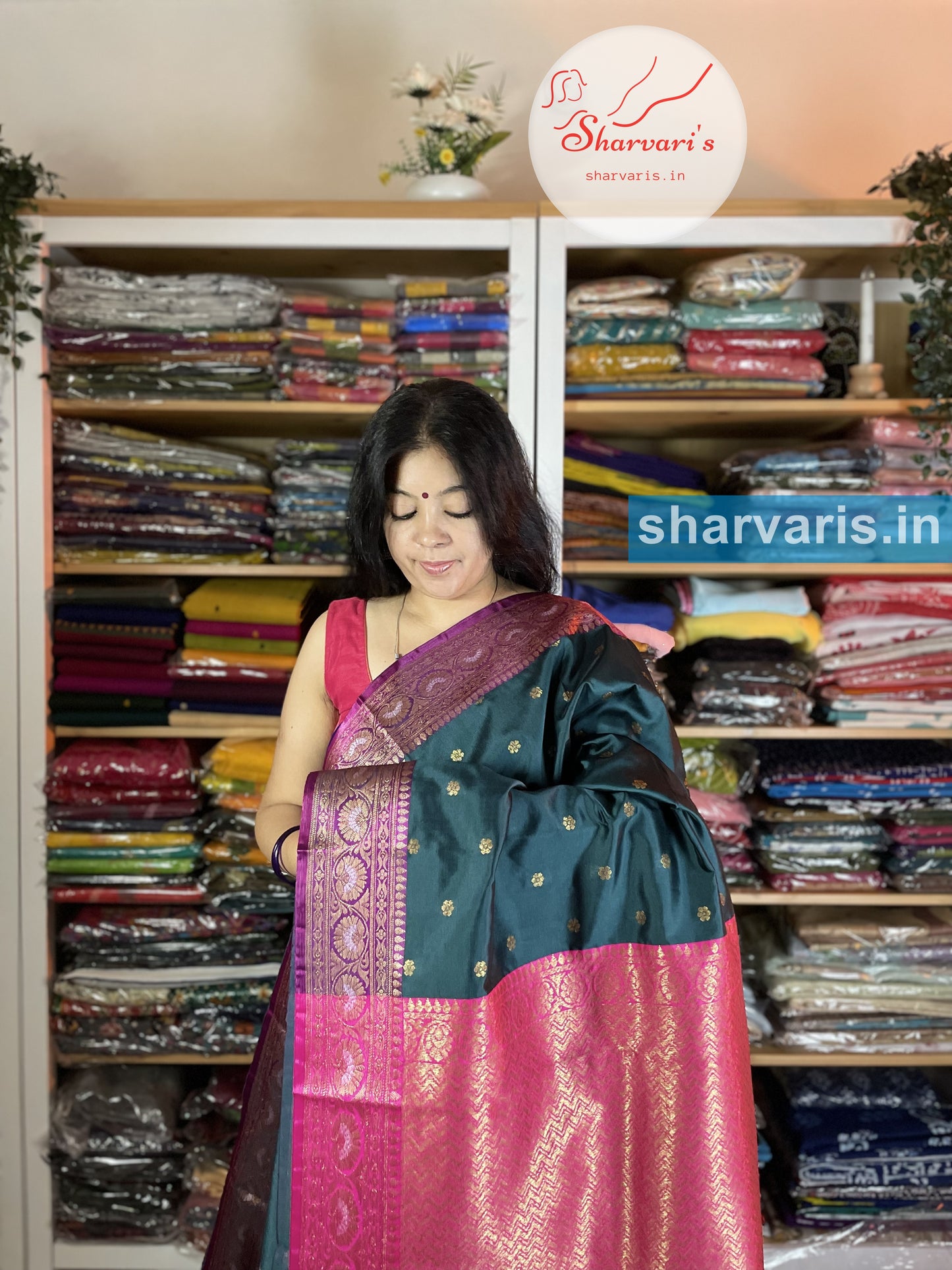 Peacock Green and Fuchsia Pink Lichi Silk/Semi Silk Saree