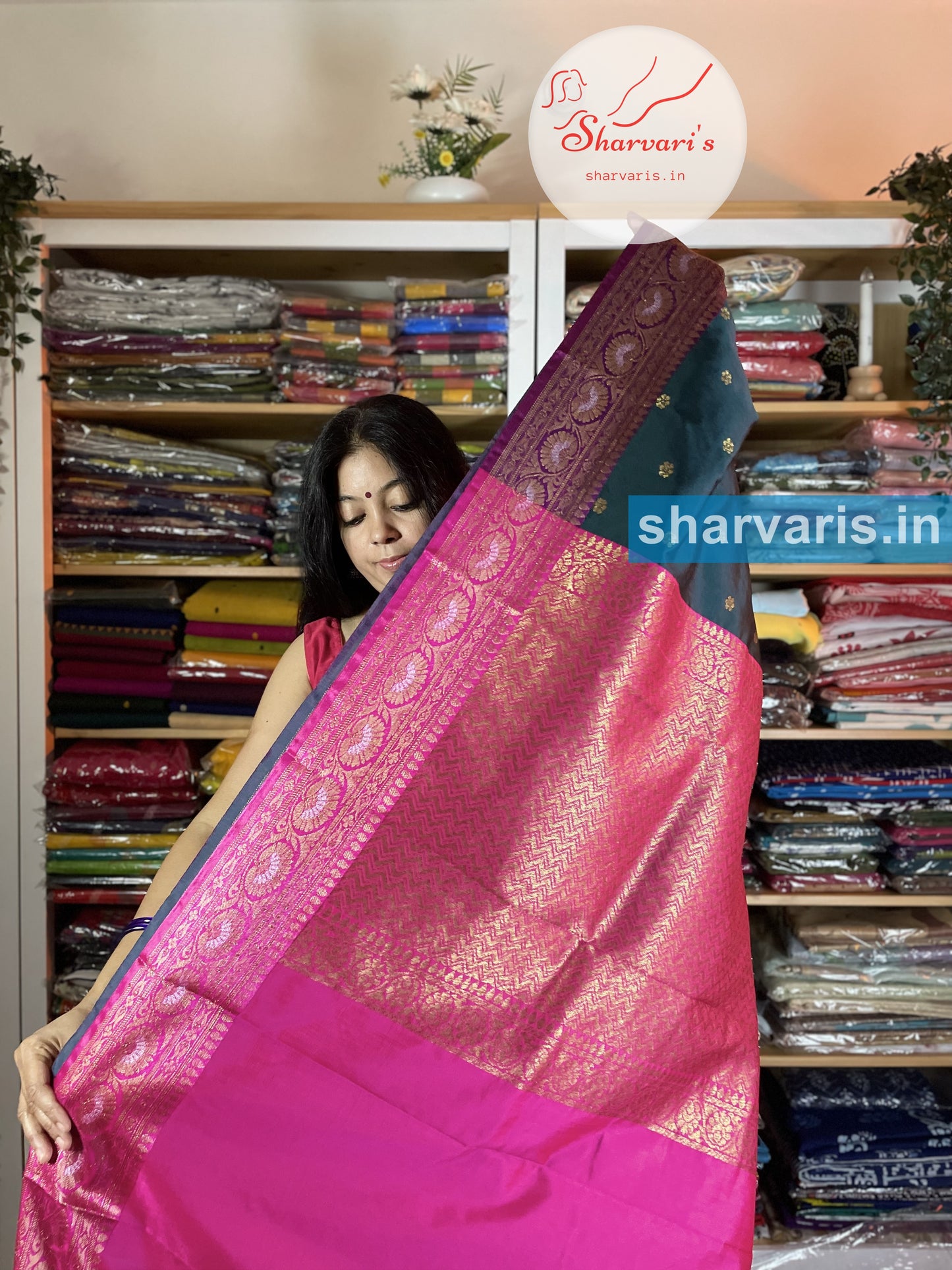 Peacock Green and Fuchsia Pink Lichi Silk/Semi Silk Saree