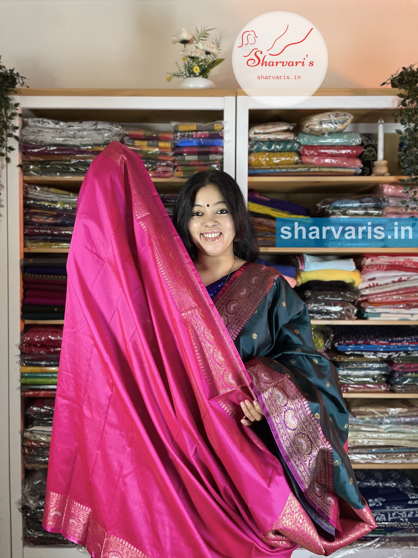 Peacock Green and Fuchsia Pink Lichi Silk/Semi Silk Saree