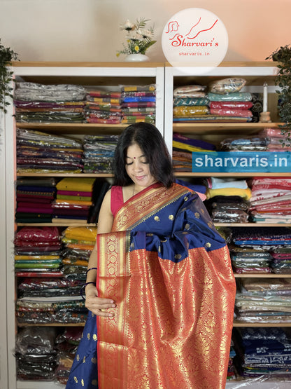 Navy Blue and Red Lichi Silk/Semi Silk Saree