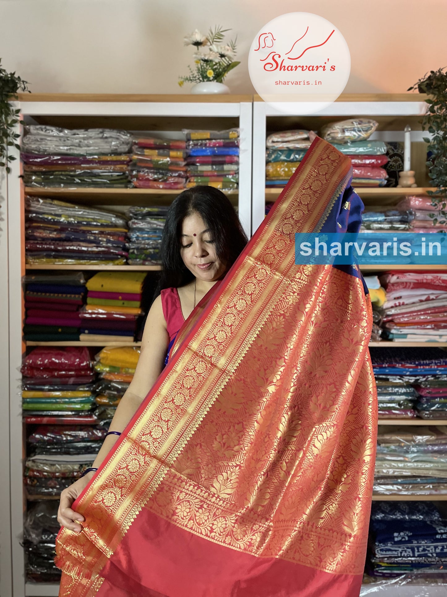 Navy Blue and Red Lichi Silk/Semi Silk Saree