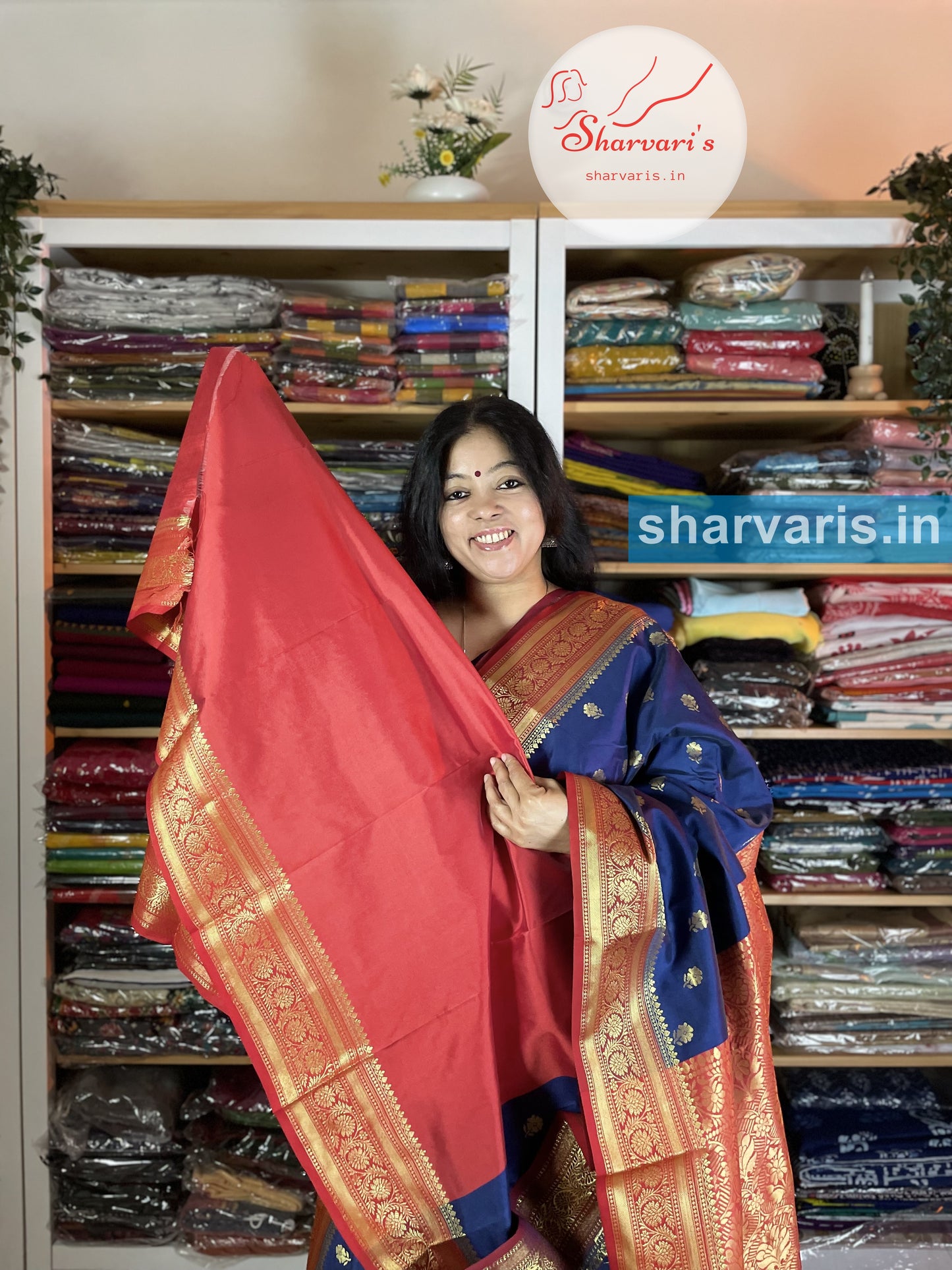 Navy Blue and Red Lichi Silk/Semi Silk Saree