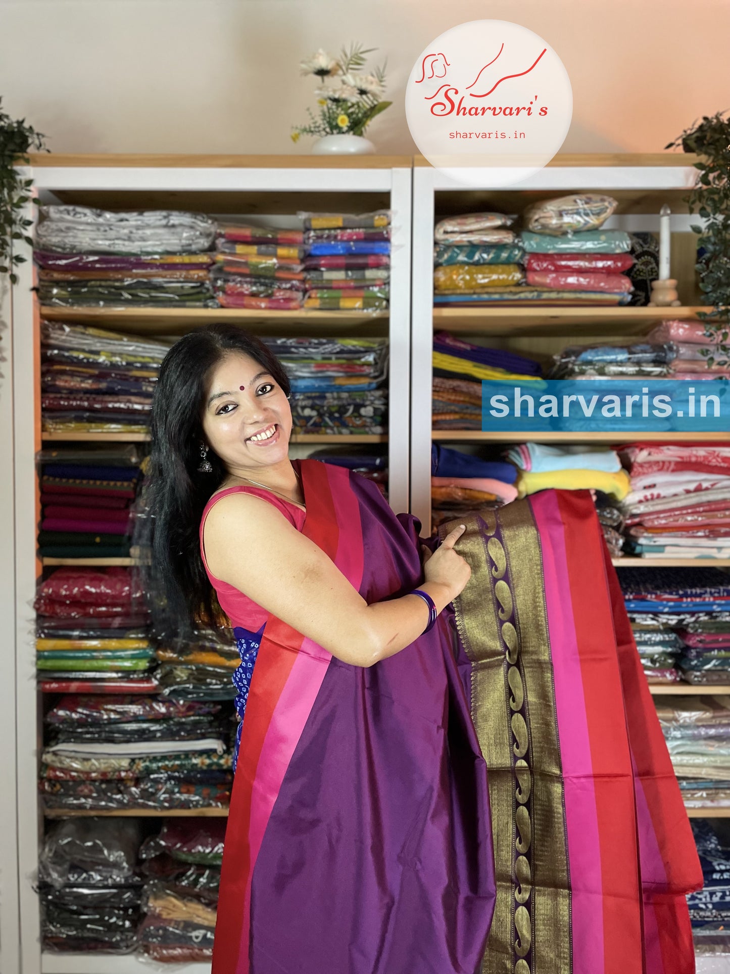 Purple and Red Lichi Silk/Semi Silk Saree