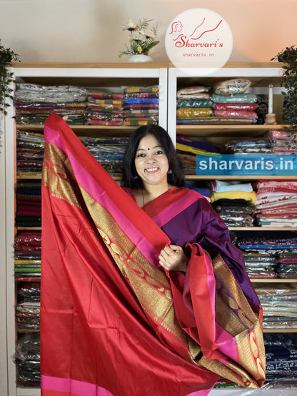 Purple and Red Lichi Silk/Semi Silk Saree