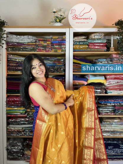 Ochre Yellow and Red Lichi Silk/Semi Silk Saree