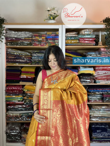 Ochre Yellow and Red Lichi Silk/Semi Silk Saree