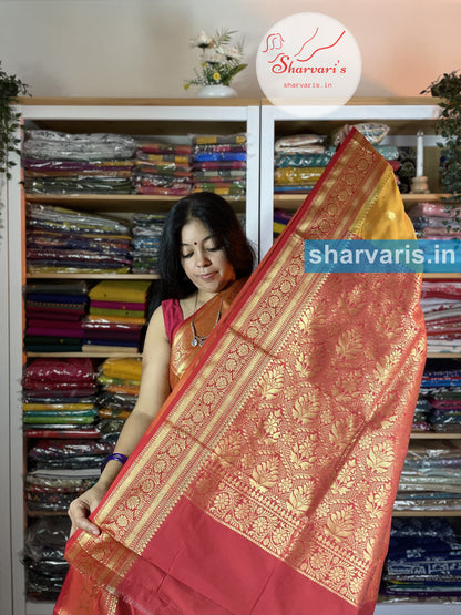 Ochre Yellow and Red Lichi Silk/Semi Silk Saree