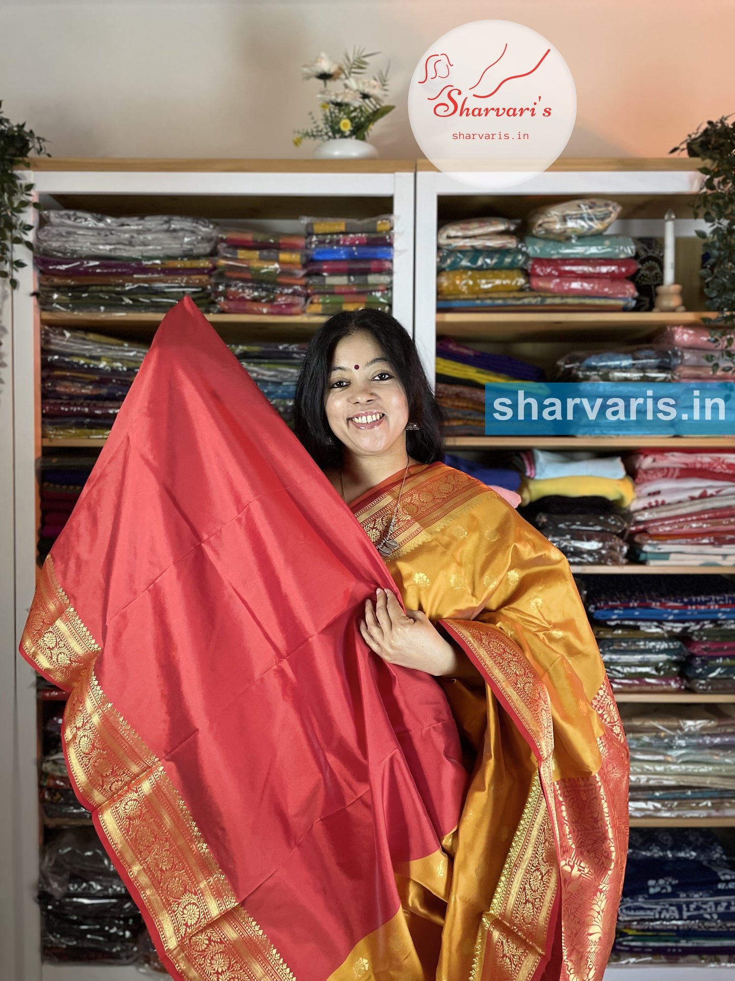 Ochre Yellow and Red Lichi Silk/Semi Silk Saree