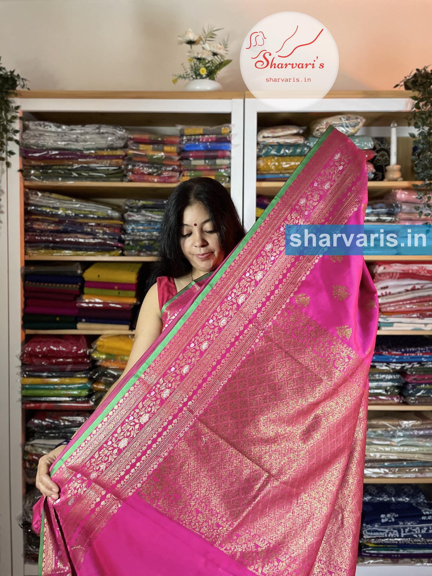 Fuchsia Pink Lichi Silk/Semi Silk Saree