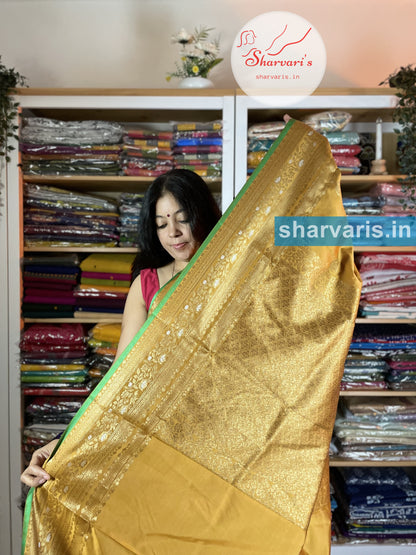 Ochre Yellow and Green Lichi Silk/Semi Silk Saree