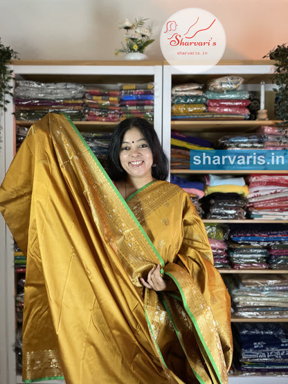 Ochre Yellow and Green Lichi Silk/Semi Silk Saree