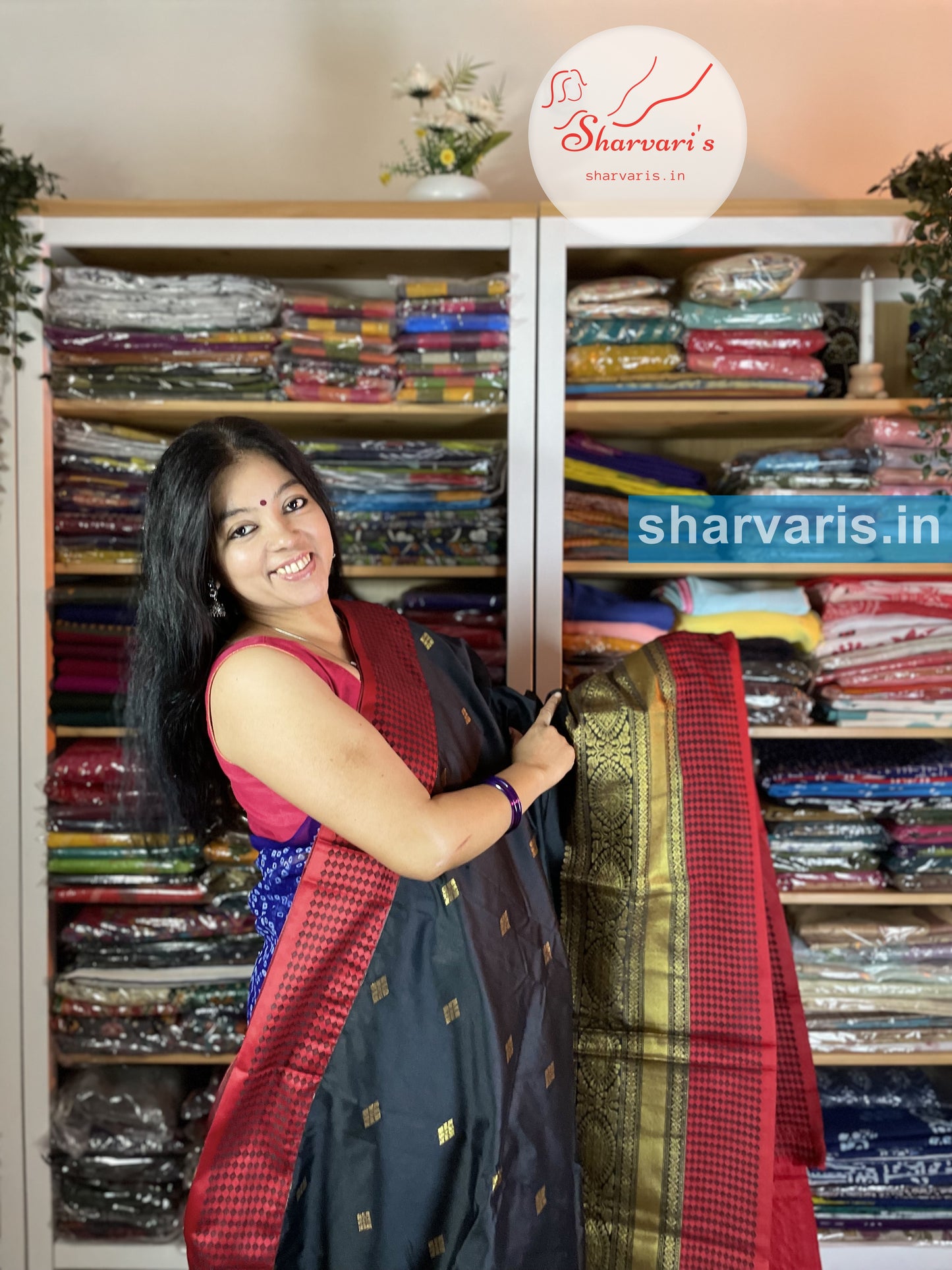 Black and Red Lichi Silk/Semi Silk Saree