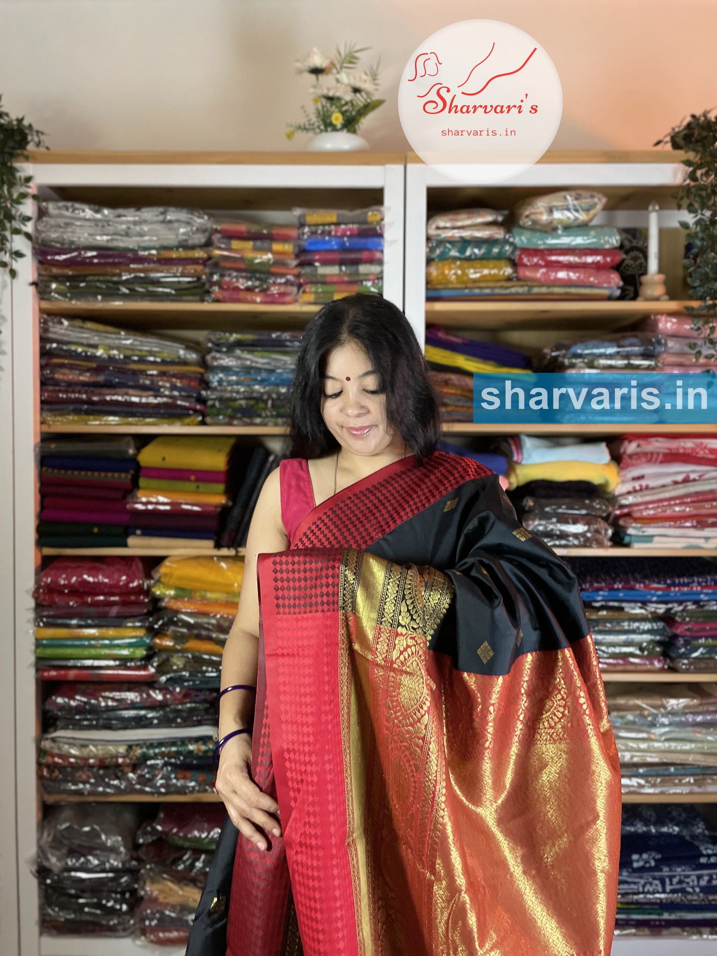 Black and Red Lichi Silk/Semi Silk Saree