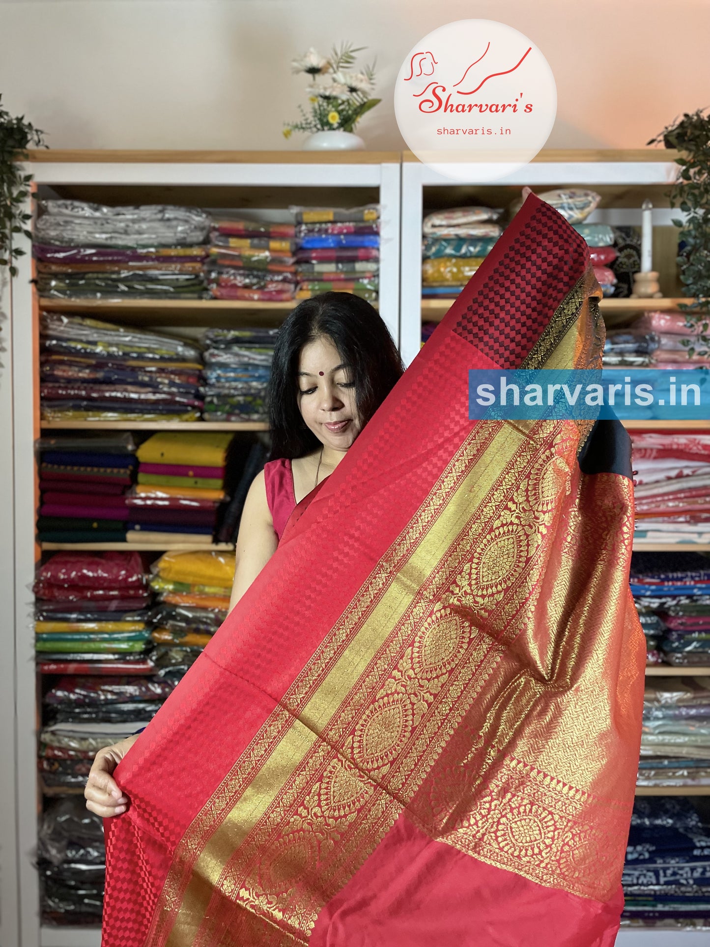 Black and Red Lichi Silk/Semi Silk Saree