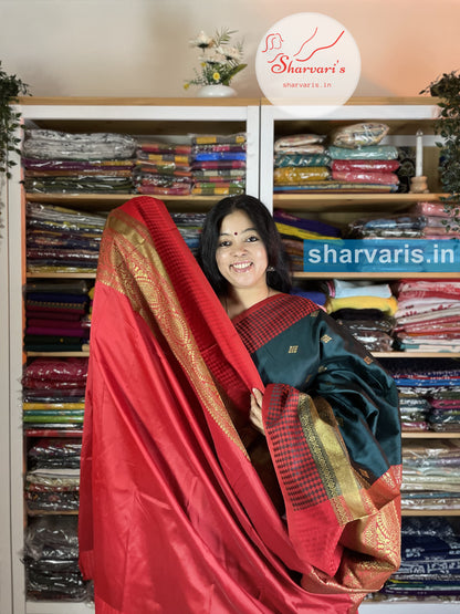 Bottle Green and Red Lichi Silk/Semi Silk Saree